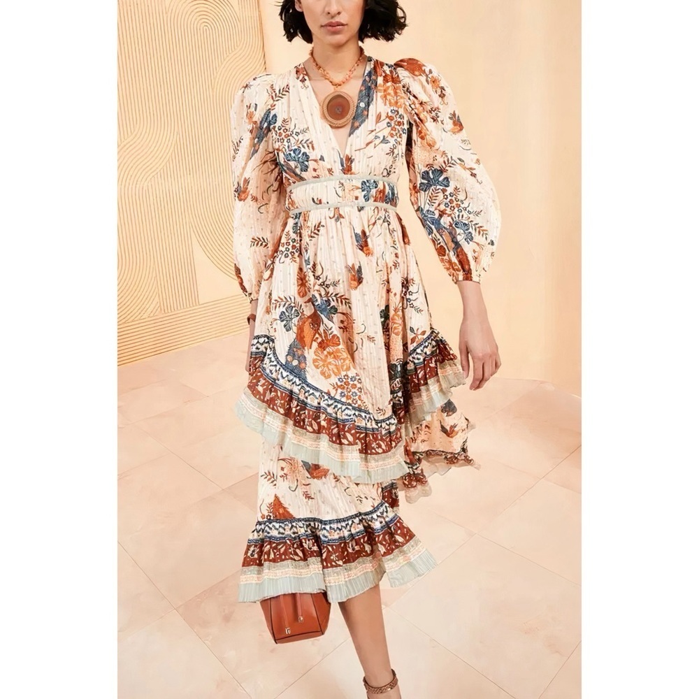 Ulla Johnson Midi Long-Sleeve Ruffle Floral Portia Dress